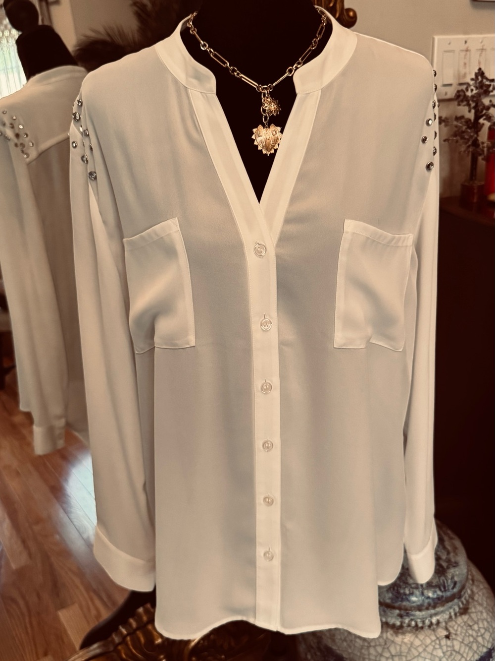 Chico's White Button-Down Blouse with Stud Shoulder Detail
